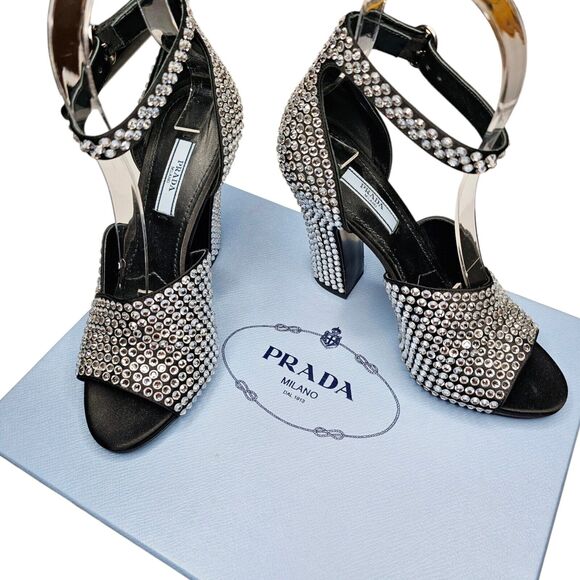 Prada Crystal Embellished Black Ankle Strap Heeled Sandals Size 36.5 US 6.5 - Picture 7 of 10